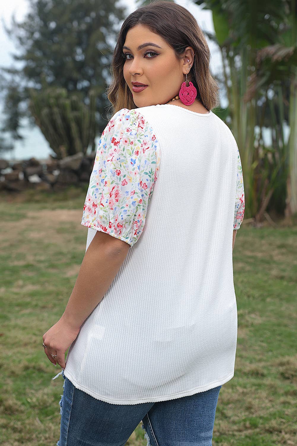 Floral Puff Sleeve Round Neck Ribbed Knit Plus Size Blouse