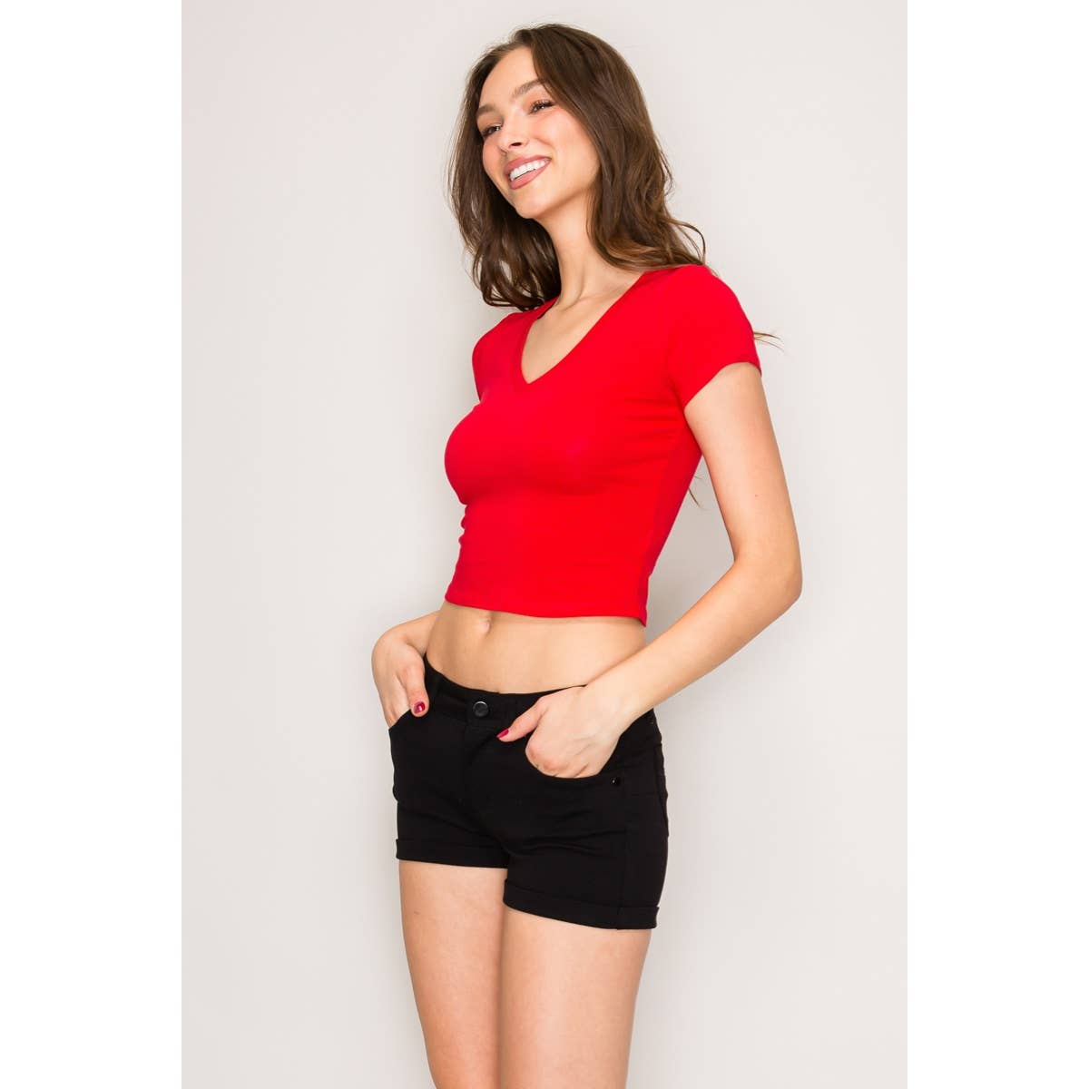 V Neck Short Sleeve Rib Knit Solid Cropped Tee