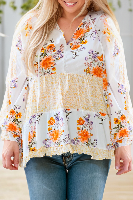 Plus Size Floral Print V Neck Puff Sleeve Blouse