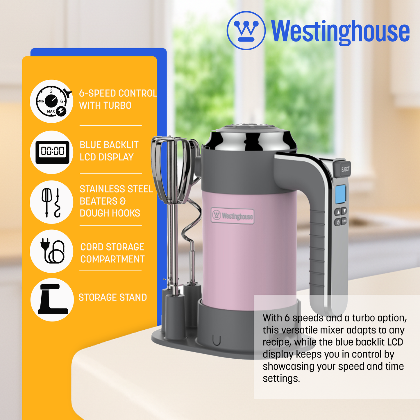 Westinghouse 5-Speed Hand Mixer with Base - Retro Series
