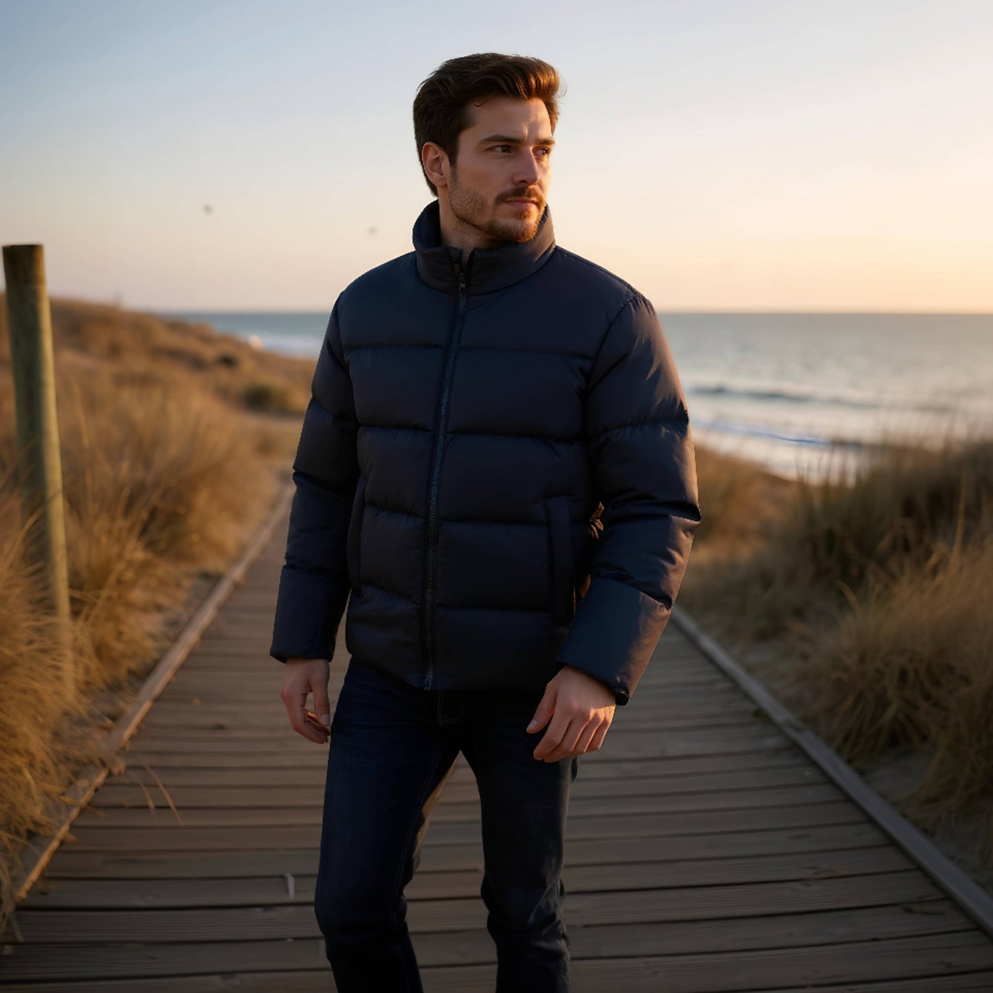 Men's Solid Puffer Coat Stand Up Collar Jacket