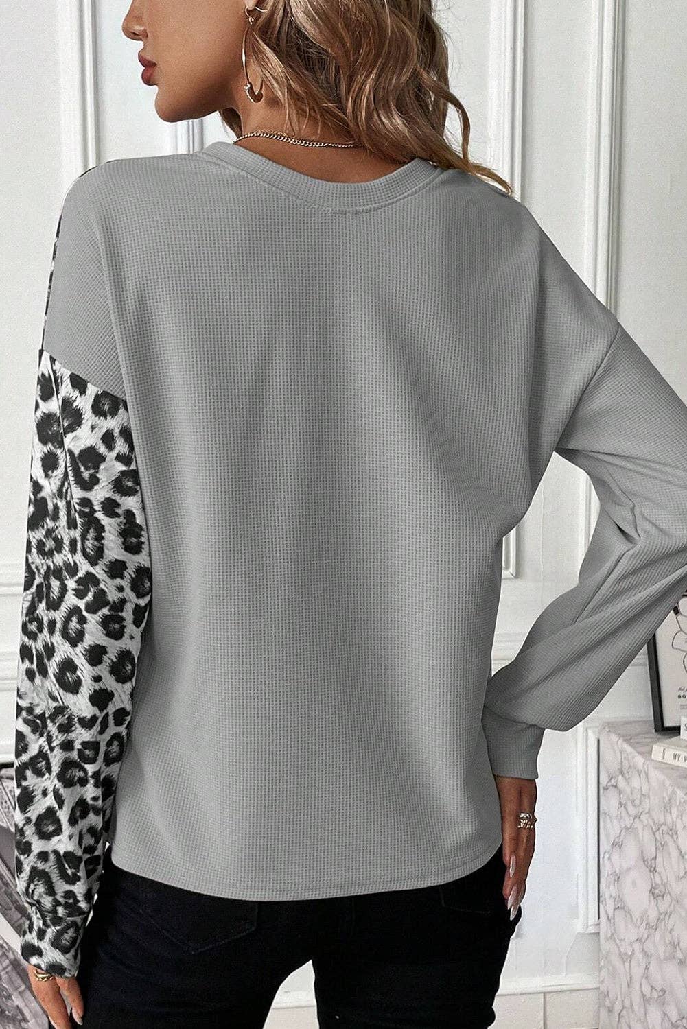 Pale Khaki Leopard Colorblock Waffle Knit Top