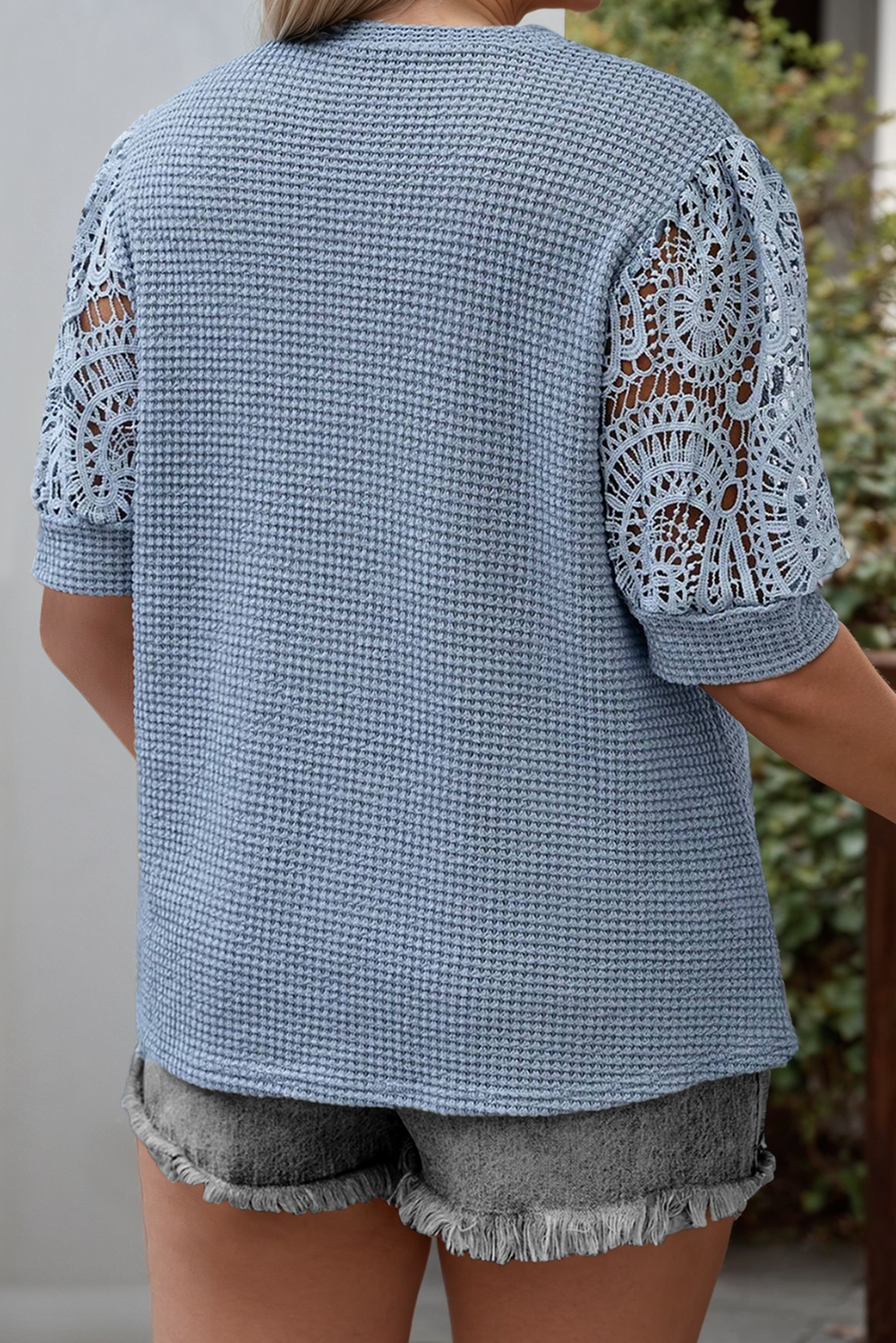 Plus Size Textured Knit Lace Sleeve T-Shirt