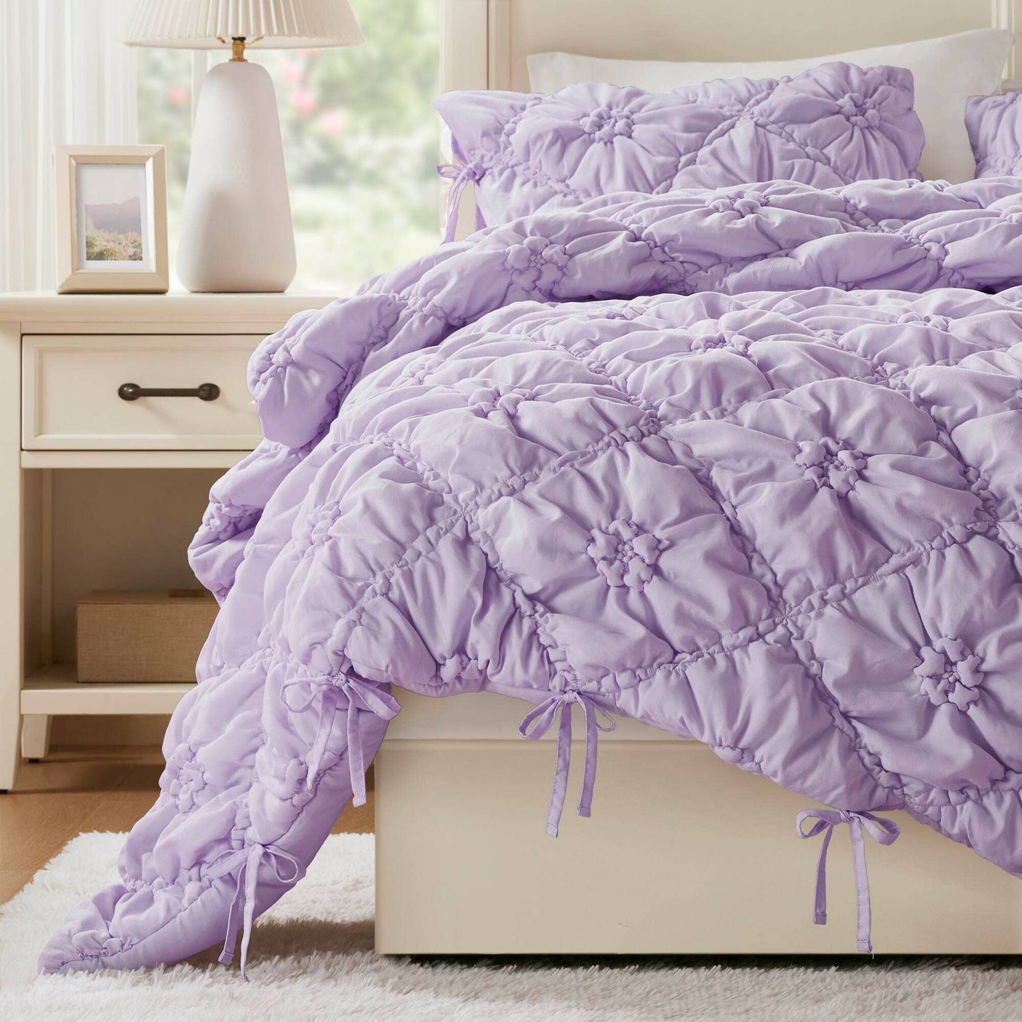 Bowtie Lightweight Puffy Floral Comforter Set, Purple