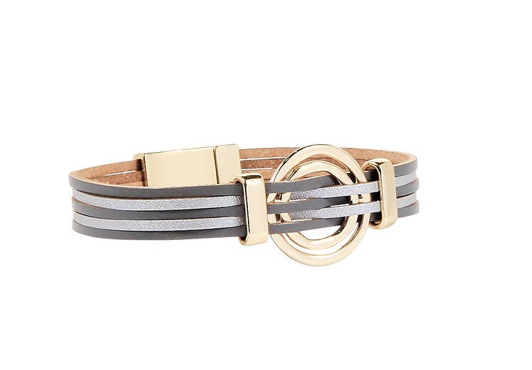Multi-Strand Two Tone Leather Rings Bracelet, 2 Assorted