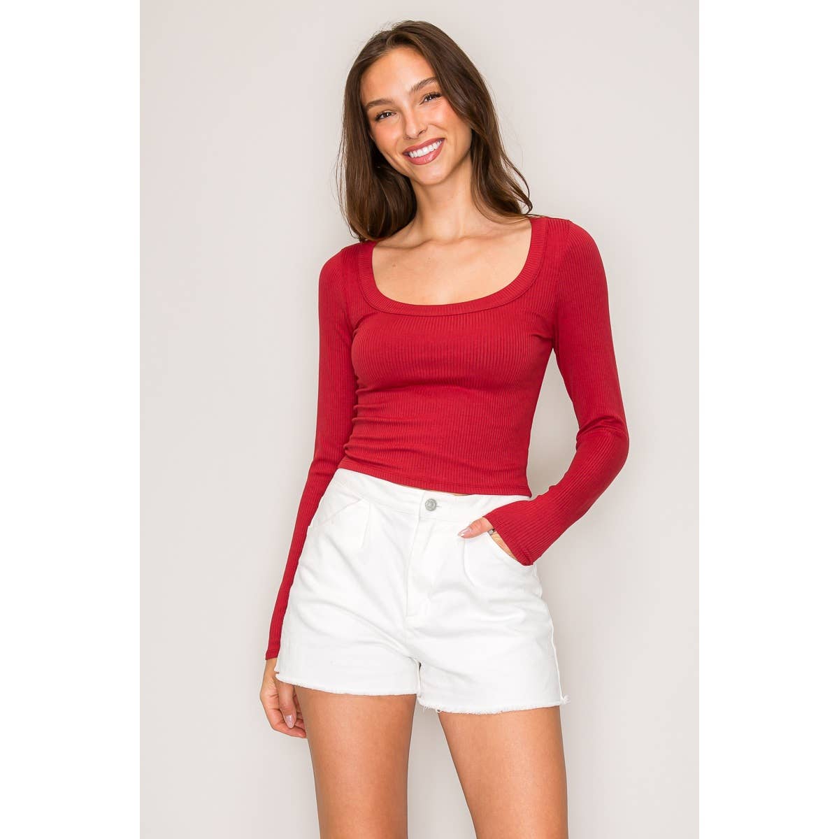 Ribbed Long Sleeve Wide Neck Top