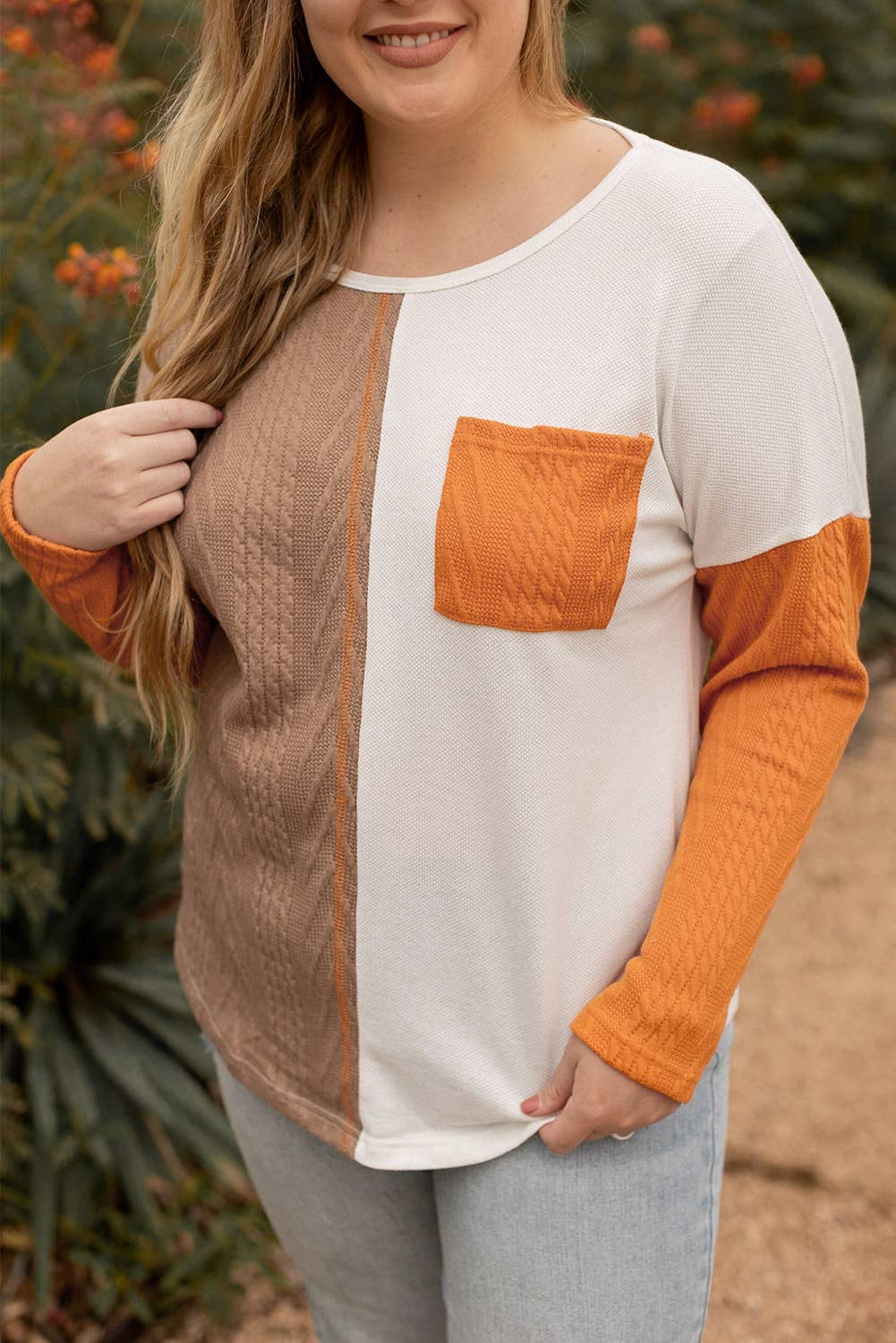 Plus Size Color Block Textured Patchwork Top with Pocket
