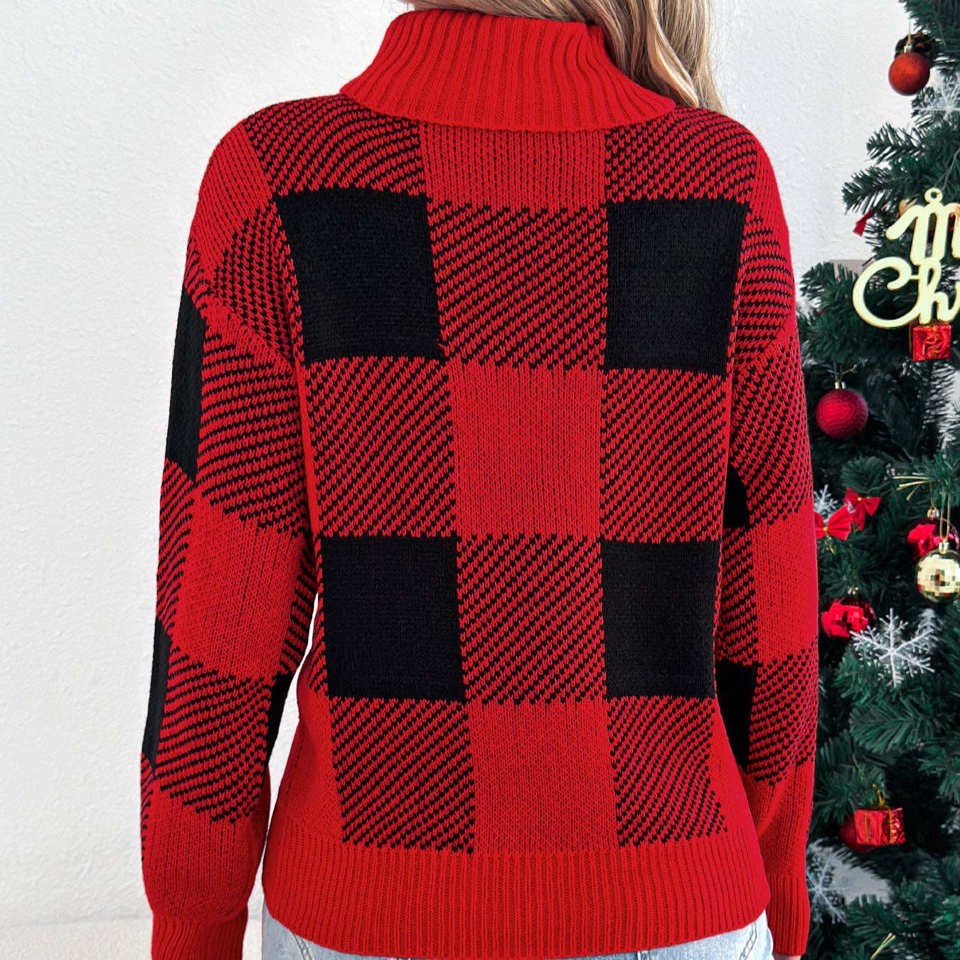 Christmas contrasting lantern sleeve turtleneck sweater