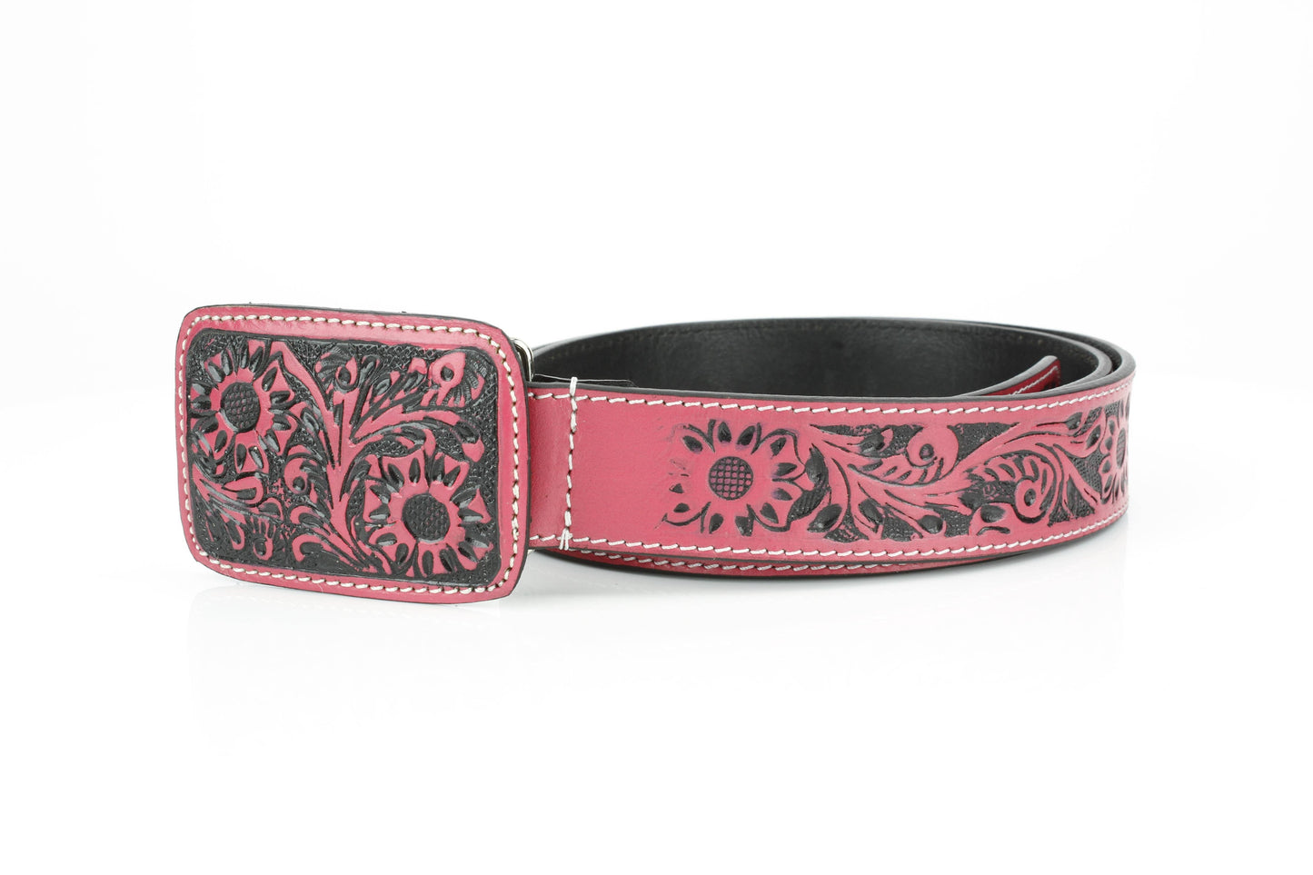 Western Tooled Leather Belt in Black and Pink ABB 38 1013