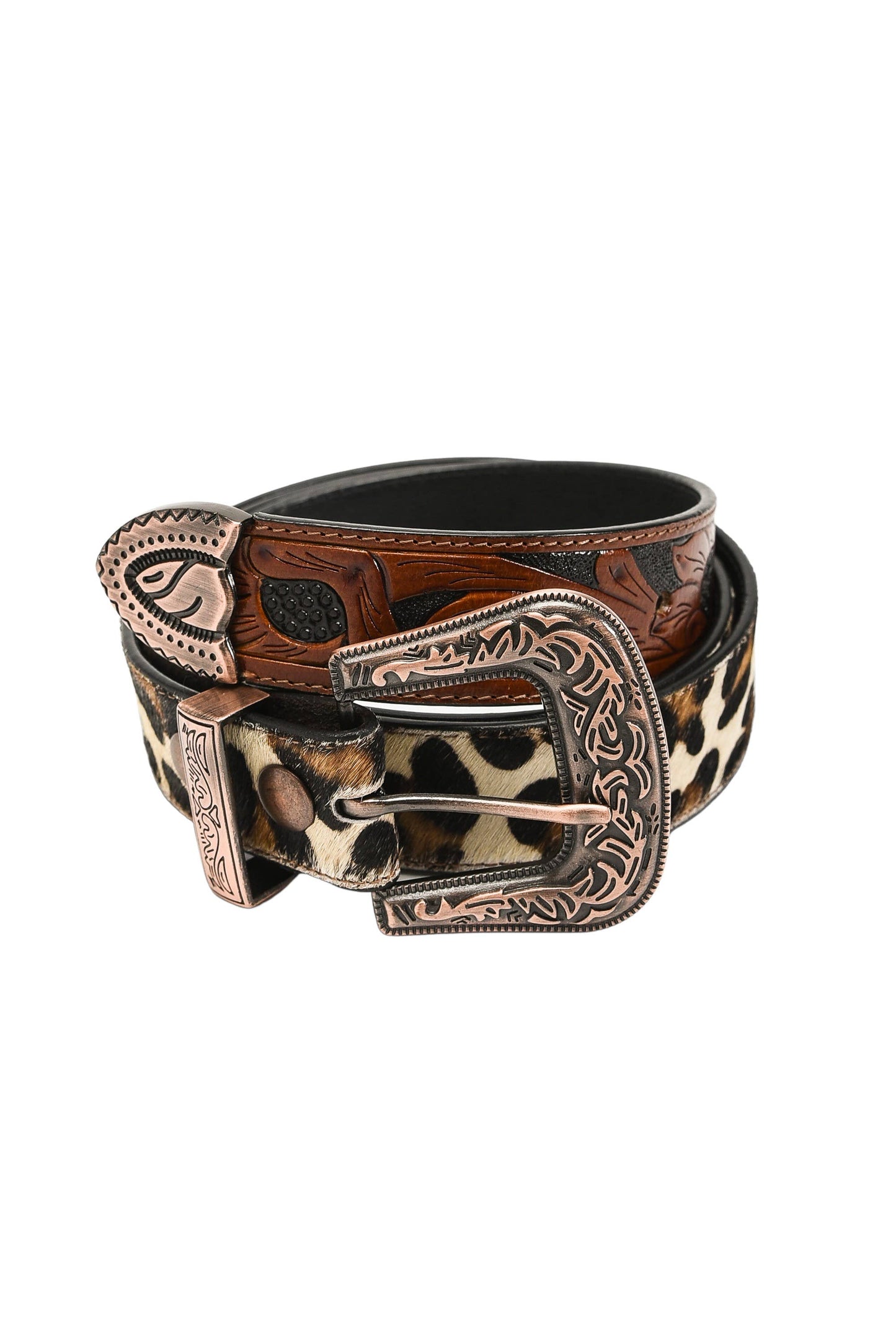 Mixed media leopard print tooled leather belt #ABB 001