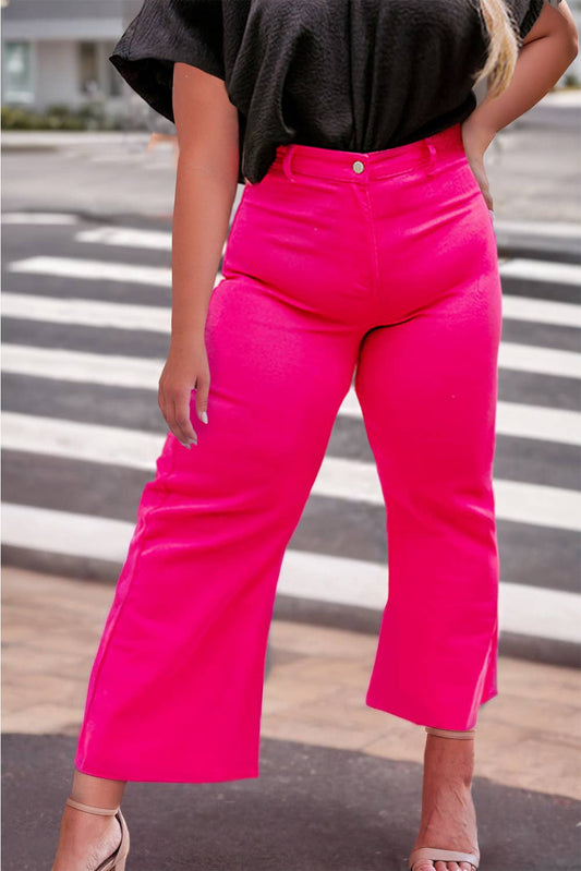 Rose Plus Size Solid Color Raw Hem Wide Leg High Waist Pants
