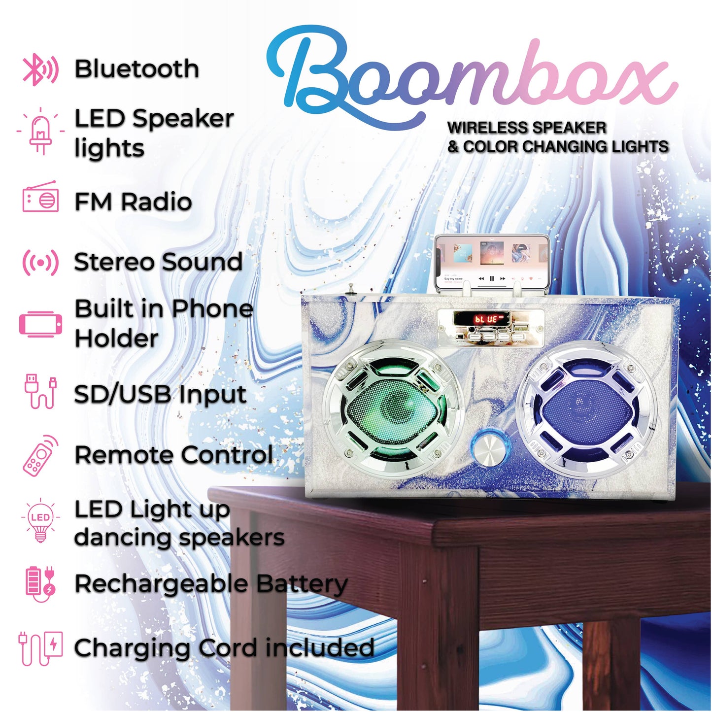 Blue Swirl Wireless Boombox & FM Radio