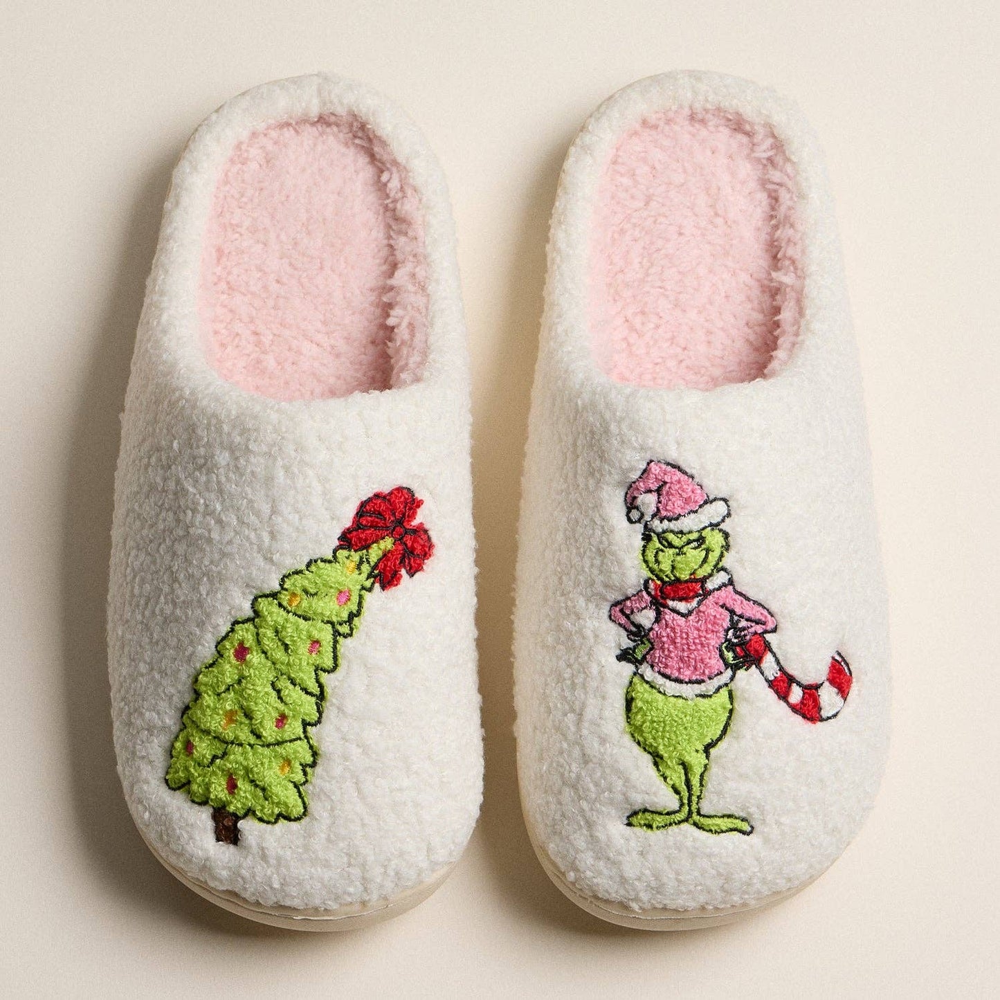 Whimsical Green Monster Tree Embroidered Holiday Slippers for Christmas Gift