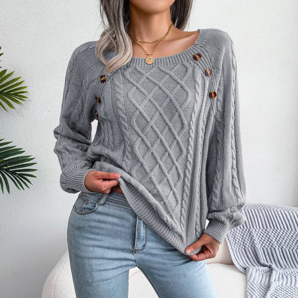 Fall Winter Casual Square Neck Button Detail Cable Knit Swea