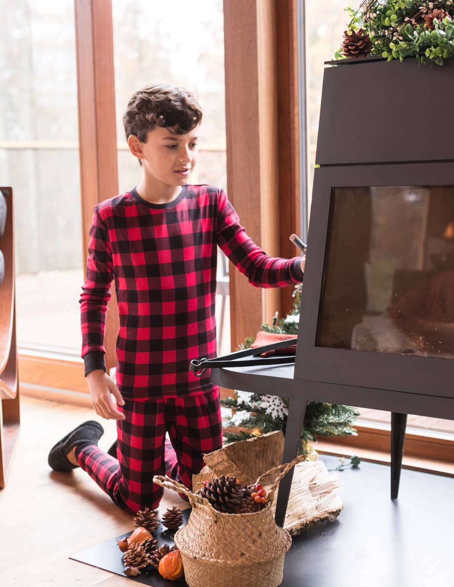 Kids Two Piece Cotton Pajamas Black & Red Plaid