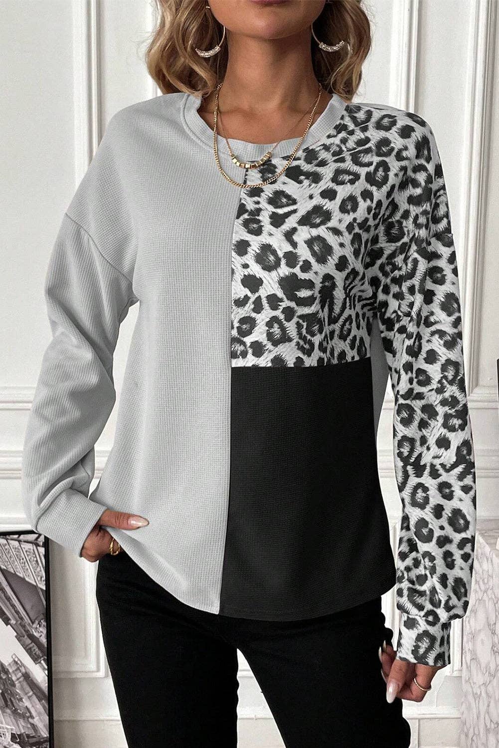 Pale Khaki Leopard Colorblock Waffle Knit Top