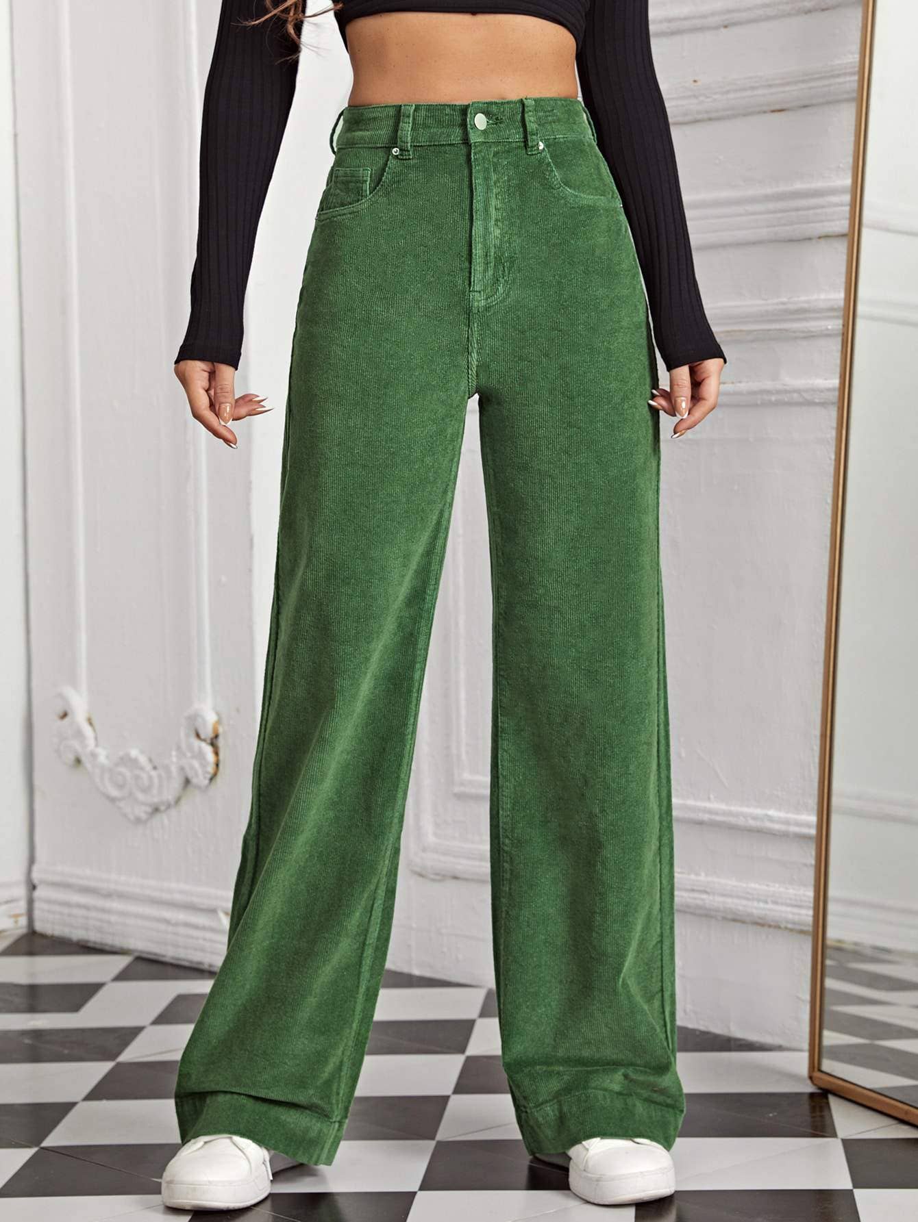 High waist slant pocket cord pants