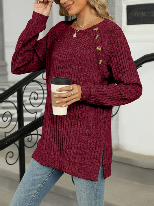 Round Neck Solid Color Split Top