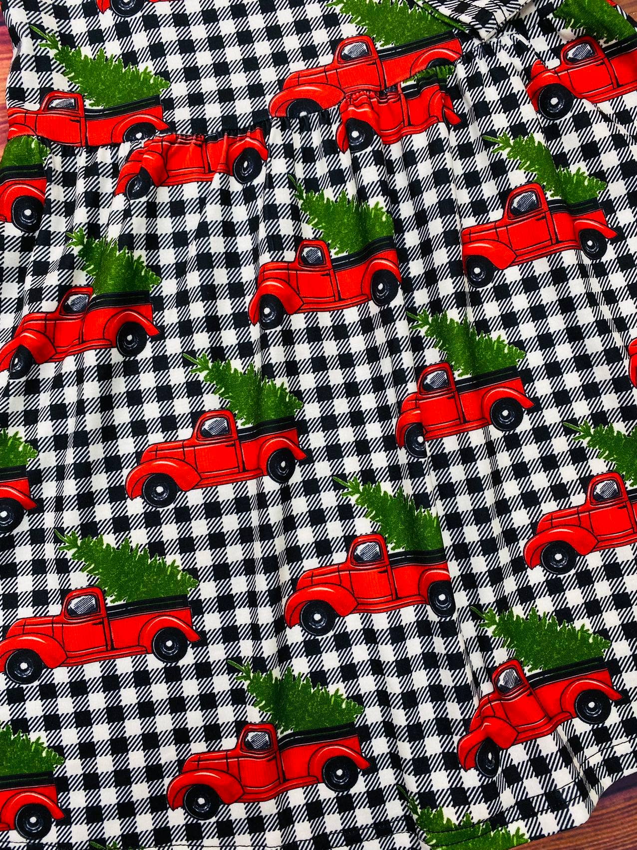 Red truck&tree black/white plaid sleeve dress XCH0017-8H