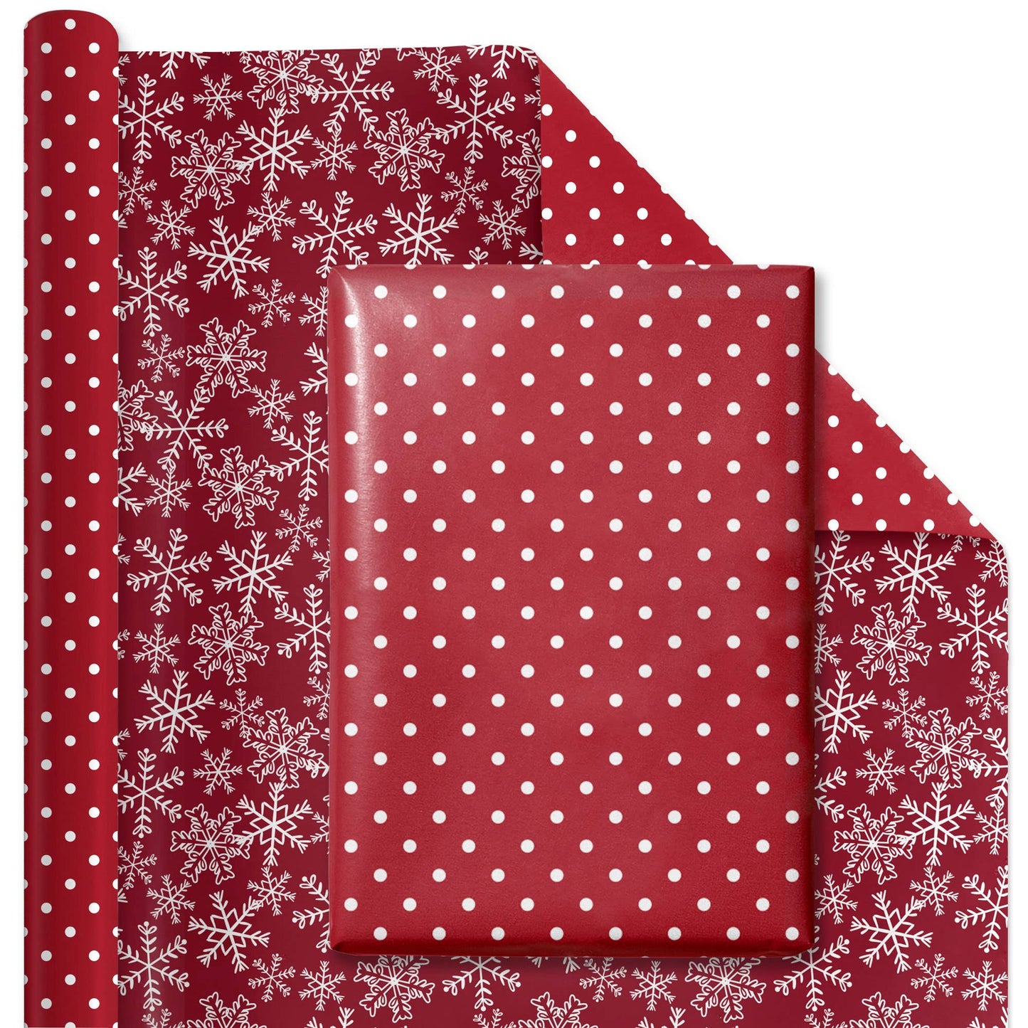30" x 10’ Holiday Reversible Wrapping Paper | White Dot on Red/Layered Snowflake on Red