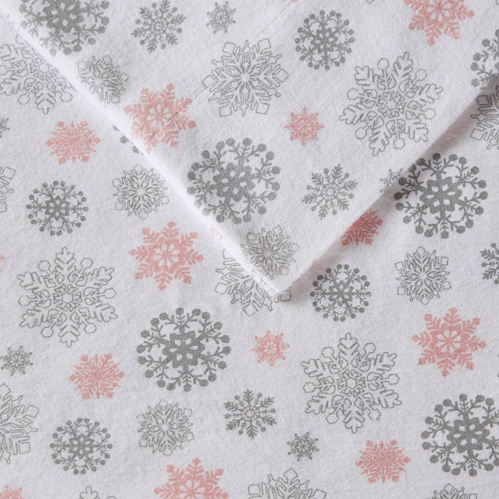 Flannel Cotton Winter Sheet Set, Grey/Blush Snowflakes