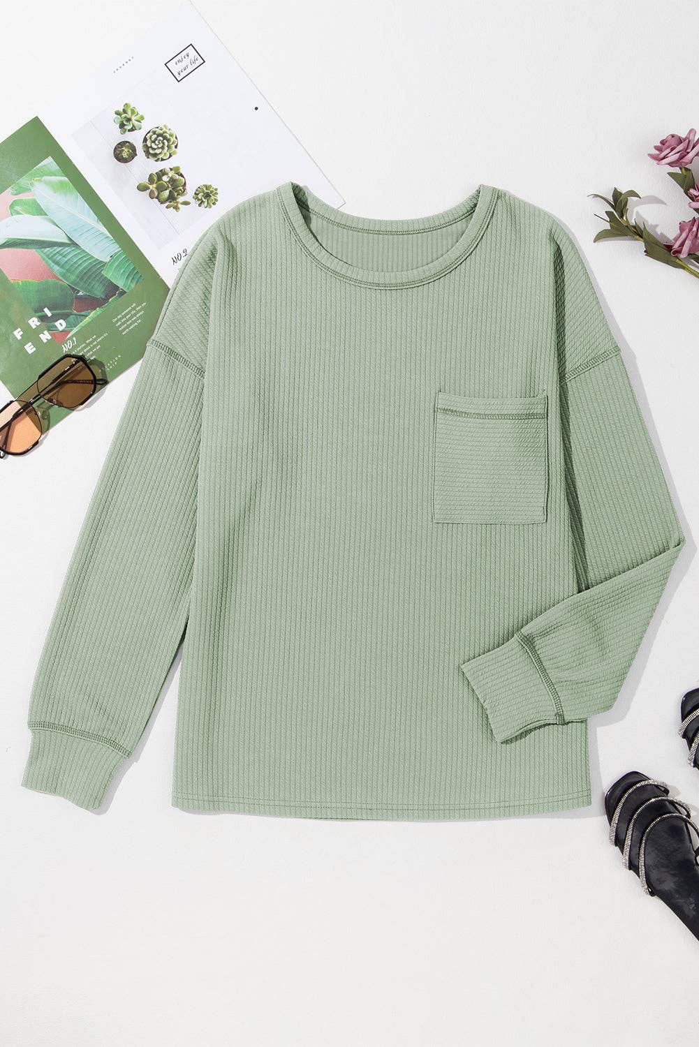 Clearly Aqua Solid Color Corded Drop Shoulder Long Sleeve Top