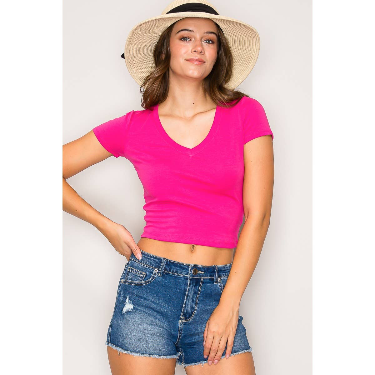 V Neck Short Sleeve Rib Knit Solid Cropped Tee