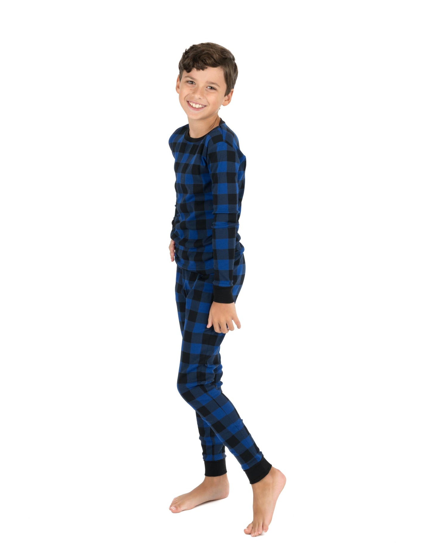 Kids Two Piece Cotton Pajamas Black & Navy Plaid