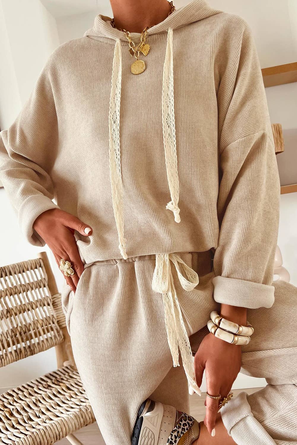 Drawstring Pullover Hoodie and High Waist Pants Corduroy Set
