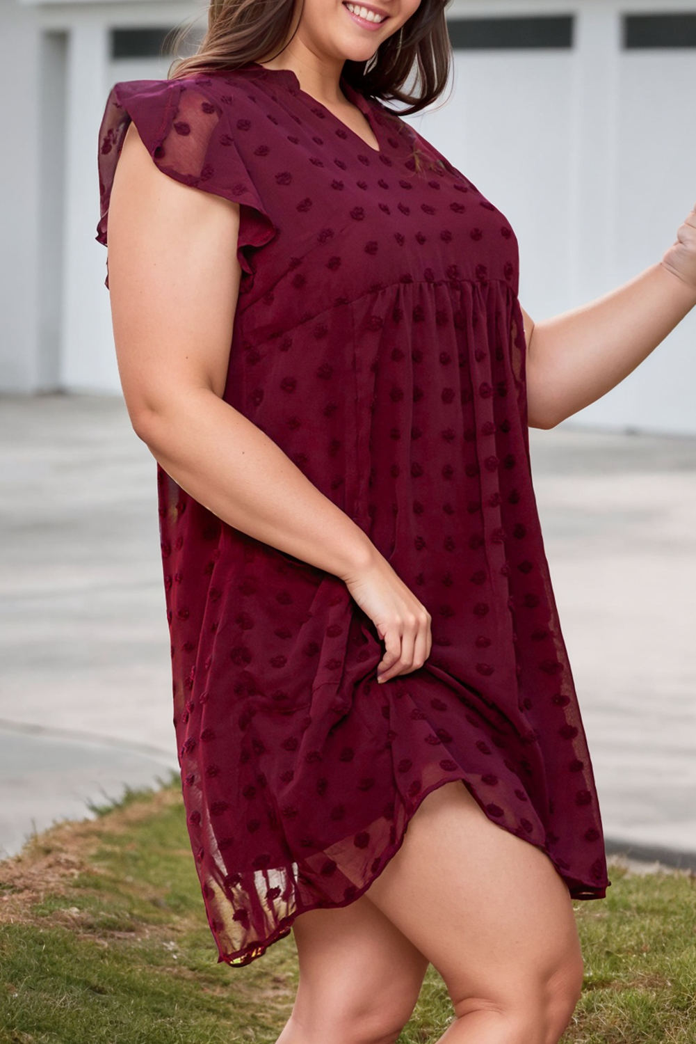 Plus Size Dot Ruffled Sleeve V Neck Dress