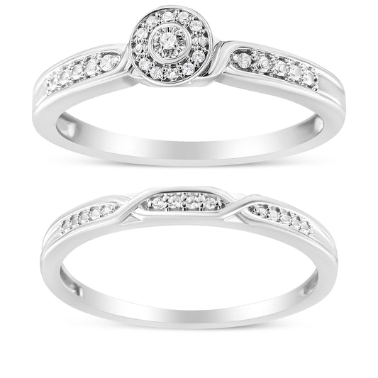 Silver Diamond Frame Twist Shank Bridal Set Ring and Band