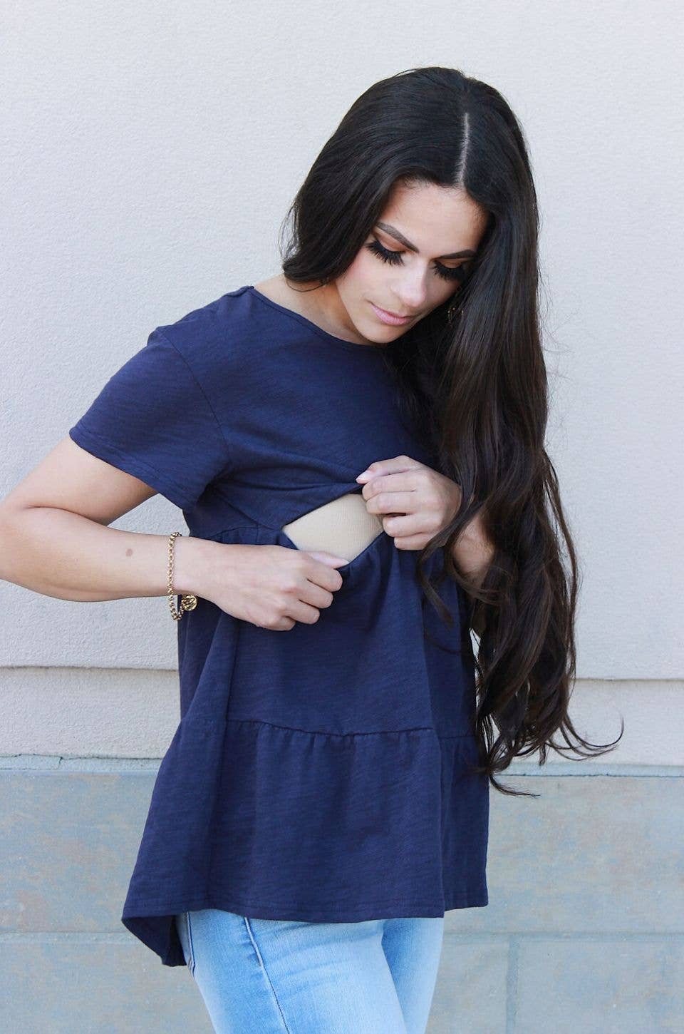 Cotton Nursing Top - Ruffle Navy