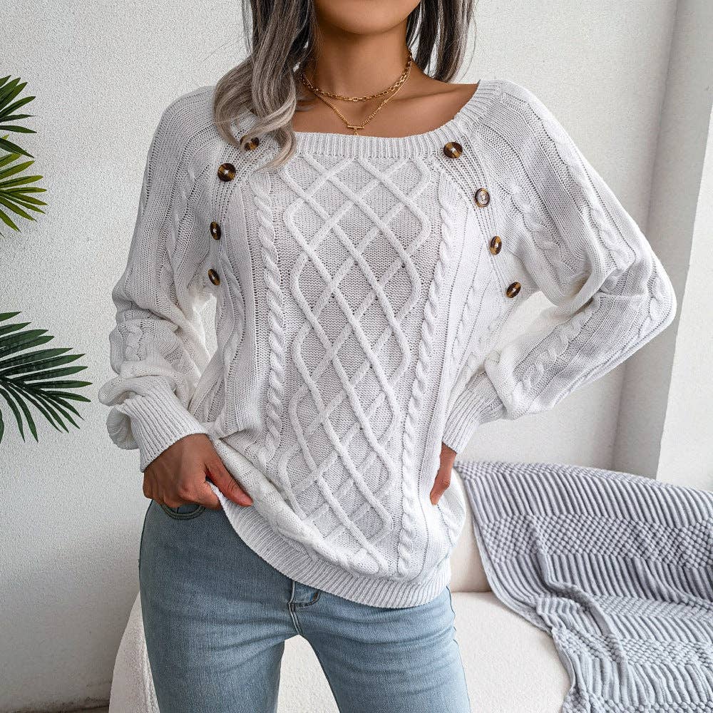 Fall Winter Casual Square Neck Button Detail Cable Knit Swea