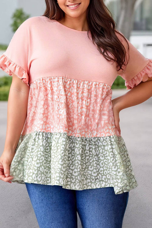 Ruffled Short Sleeve Leopard Patchwork Plus Size Top