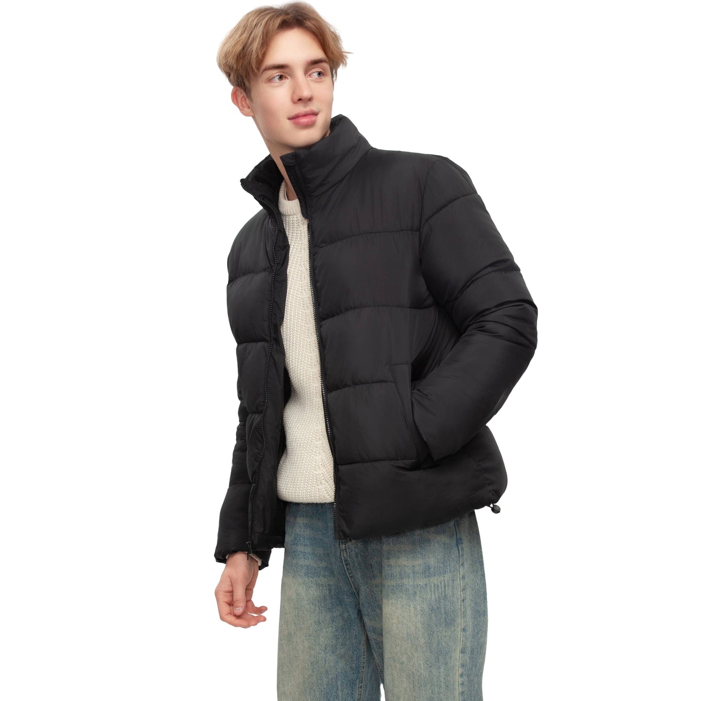 Men's Solid Puffer Coat Stand Up Collar Jacket