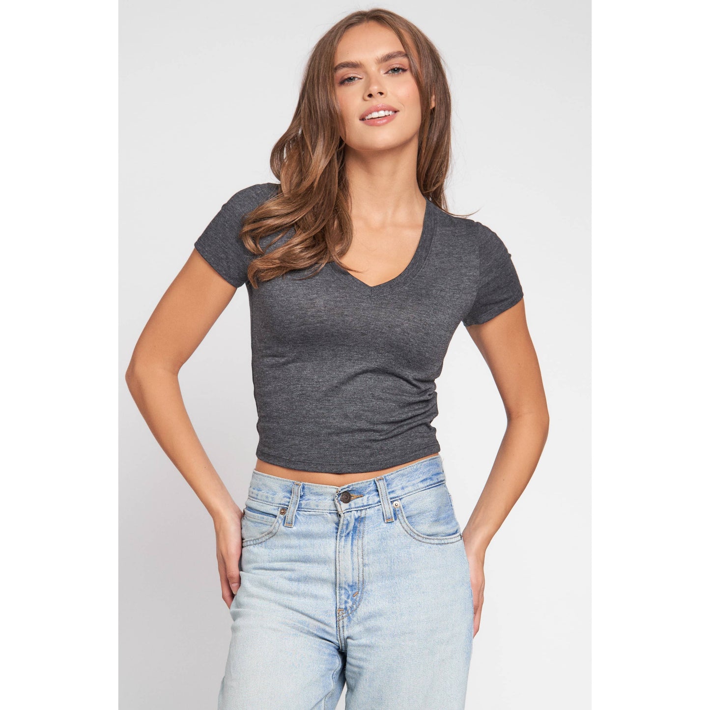 V Neck Short Sleeve Rib Knit Solid Cropped Tee