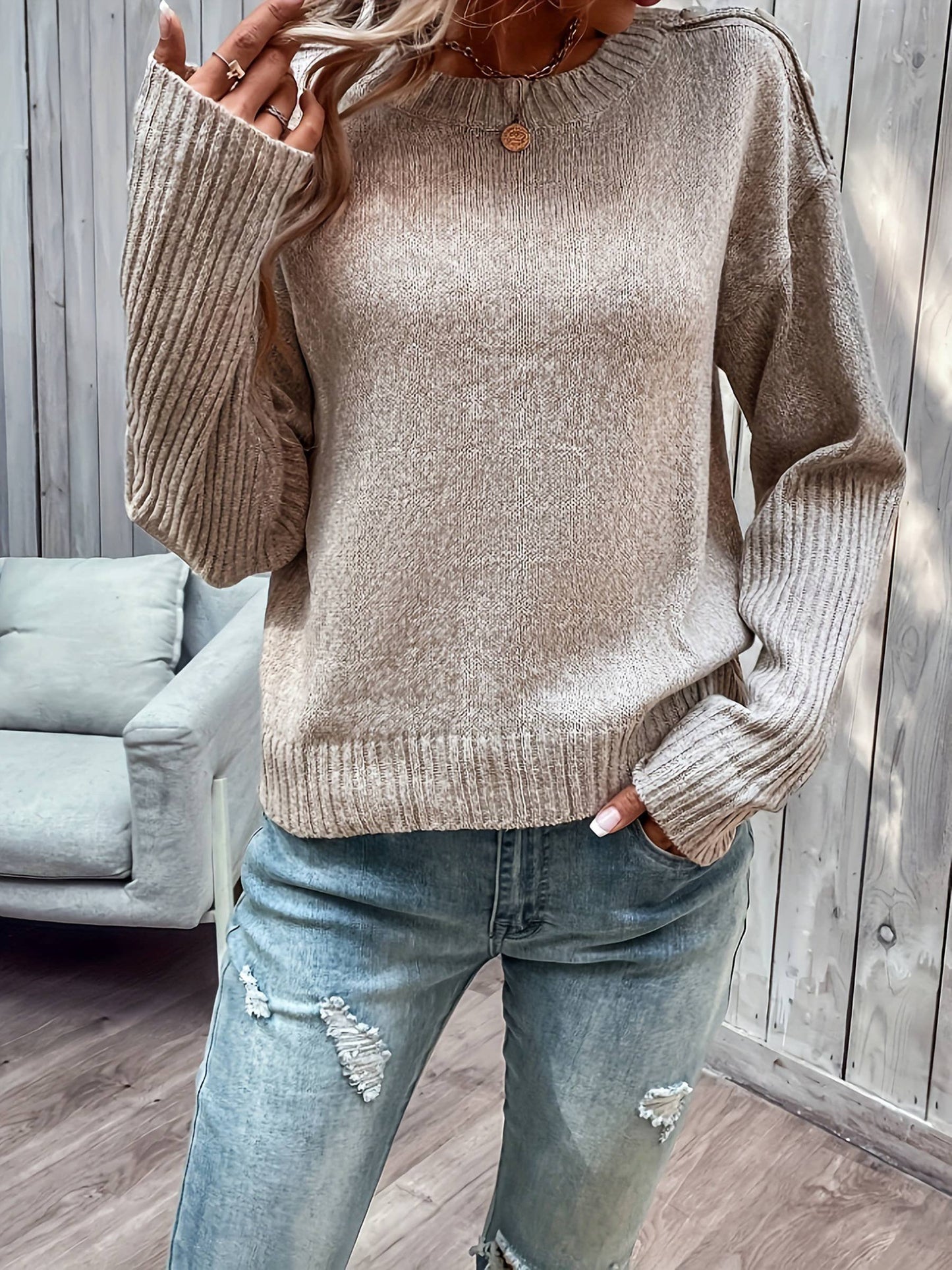 Round Neck Loose Solid Color Sweater