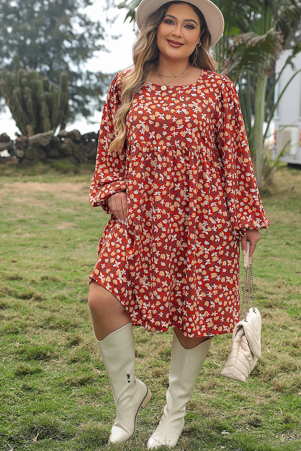 Gold Flame Ploral Print Plus Size Midi Dress