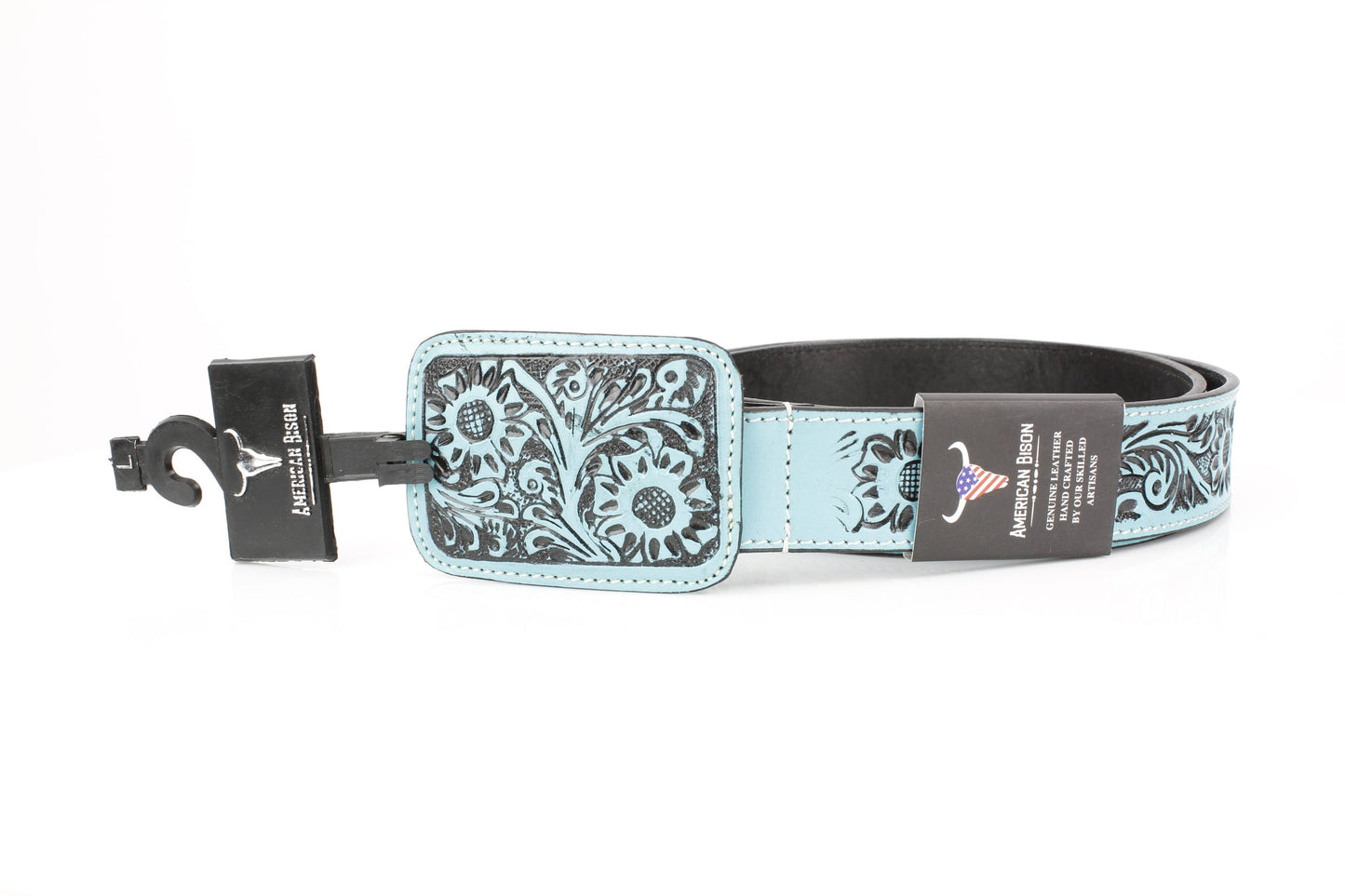 Western Tooled Leather Belt in Black & Turquoise ABB 38 1015