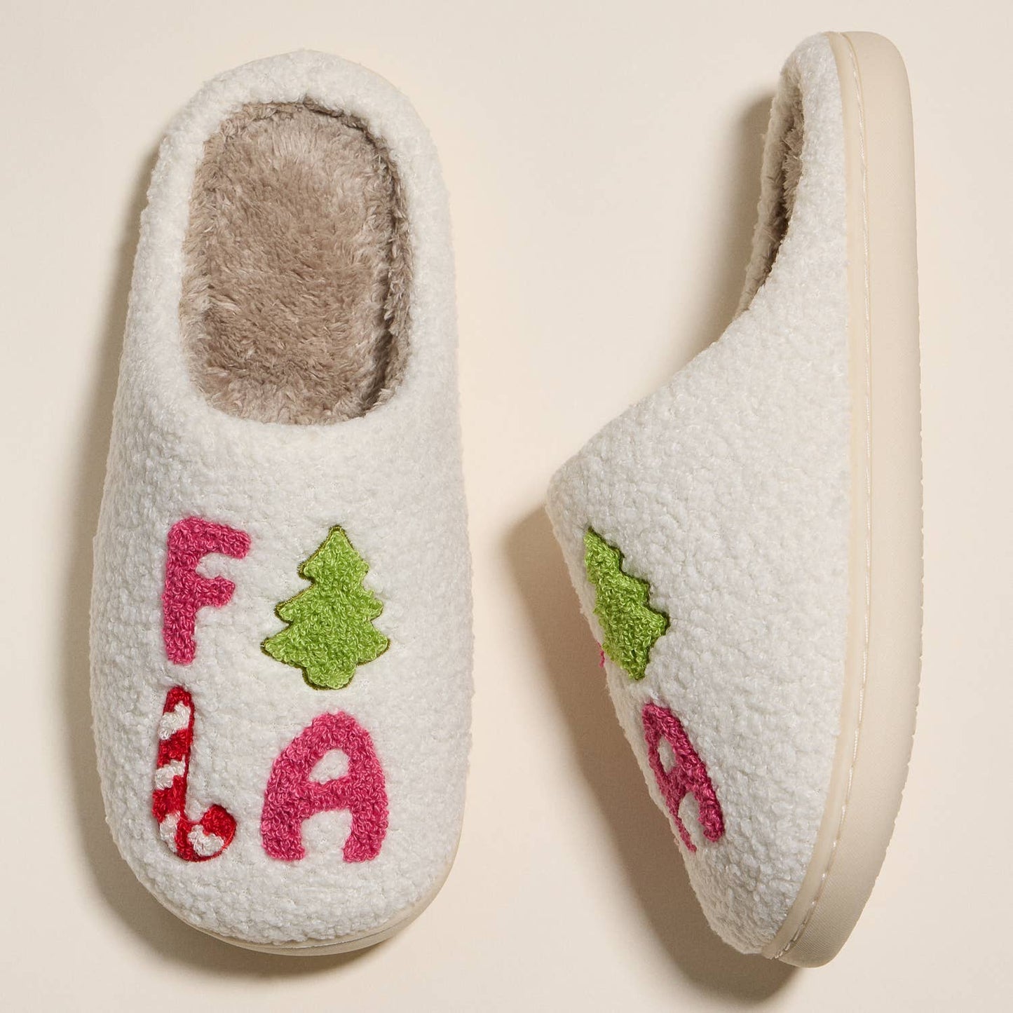 ‘FALALALA’ Christmas Tree Fuzzy Slippers for Christmas Gift
