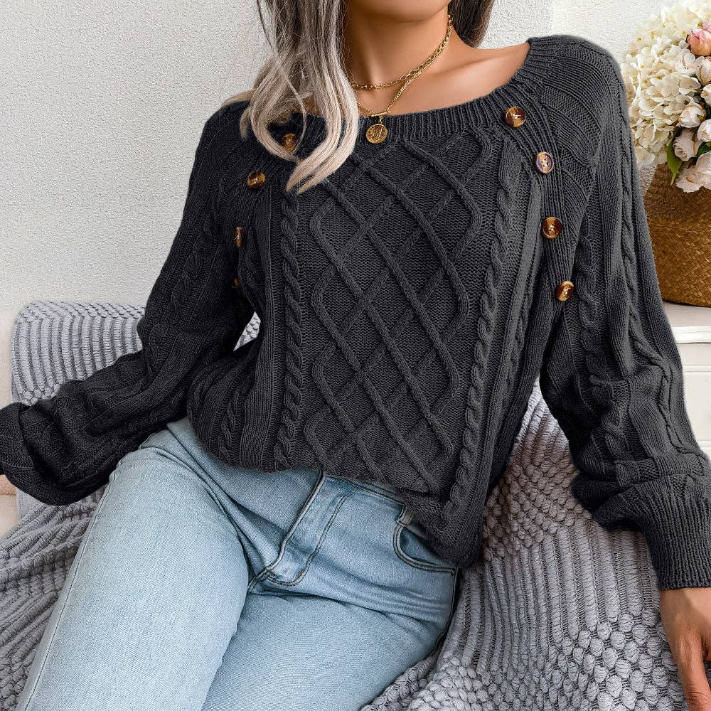Fall Winter Casual Square Neck Button Detail Cable Knit Swea