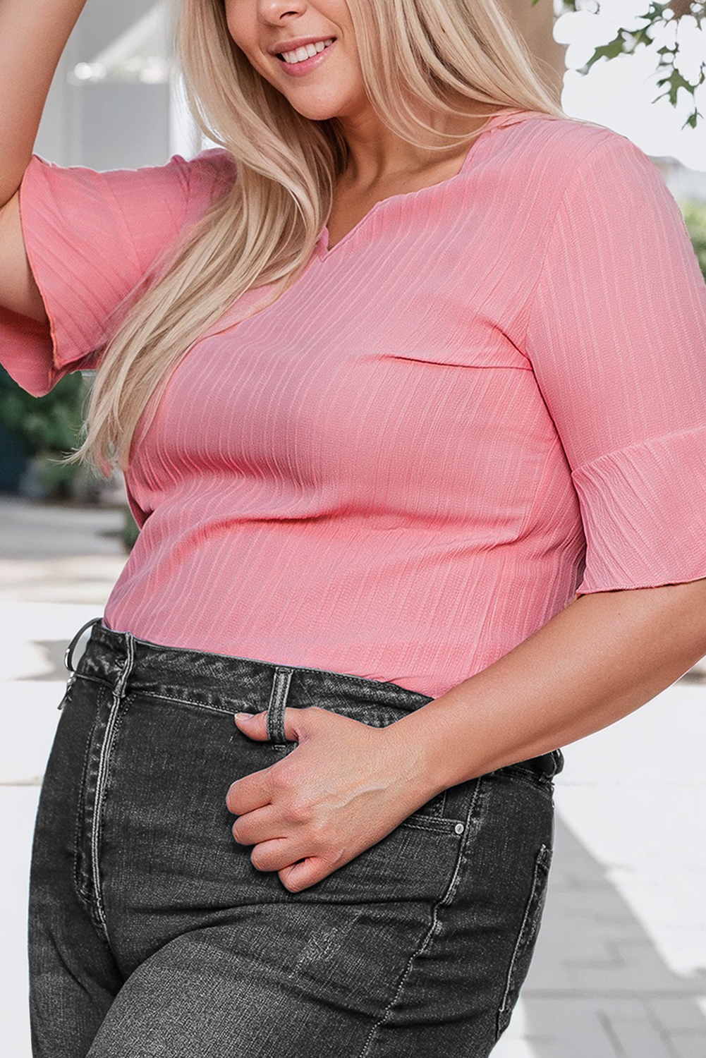 Plus Size Solid Textured V Neck Short Sleeve Blouse