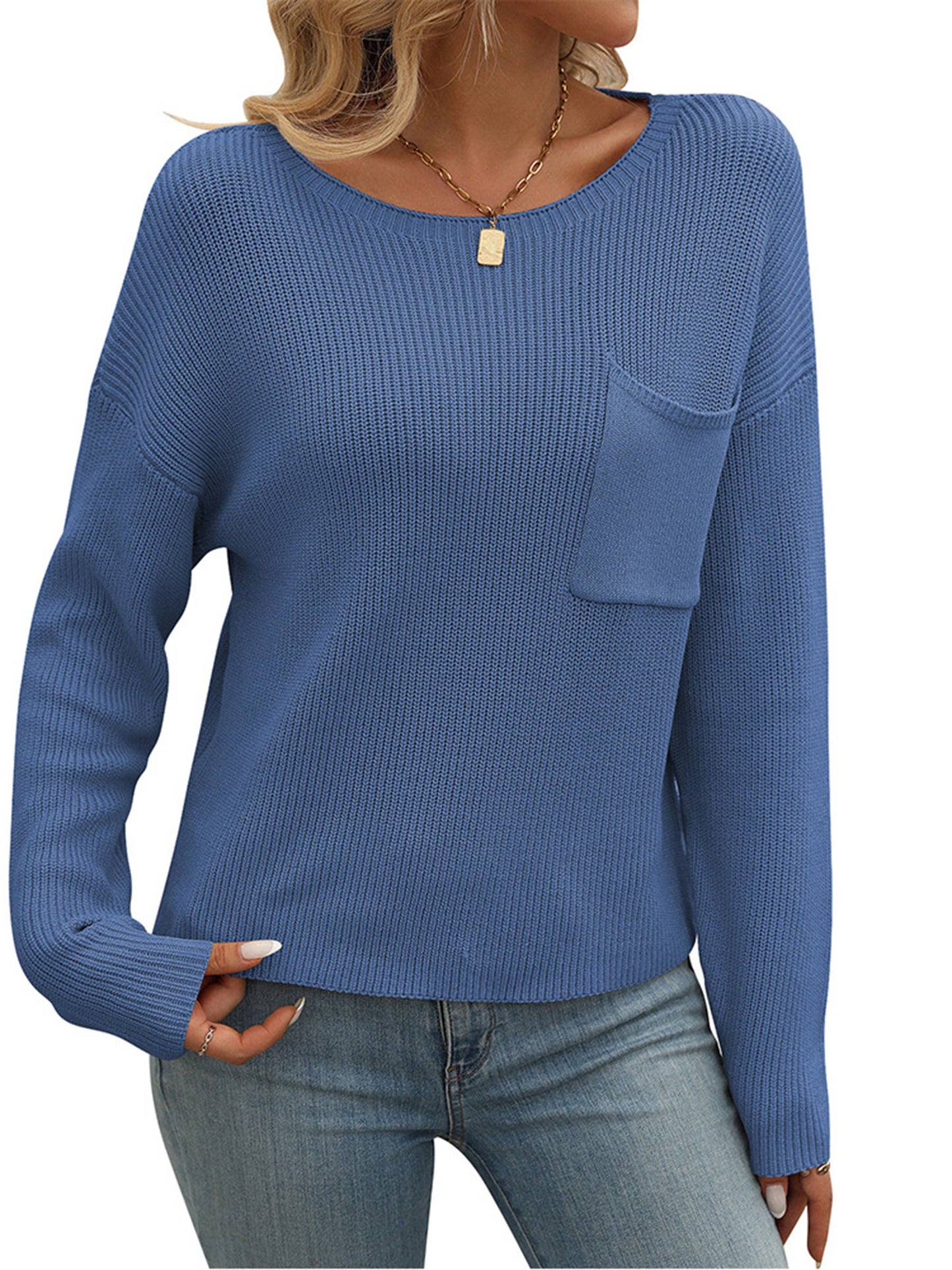 Round Neck Pocket Long Sleeved Sweater
