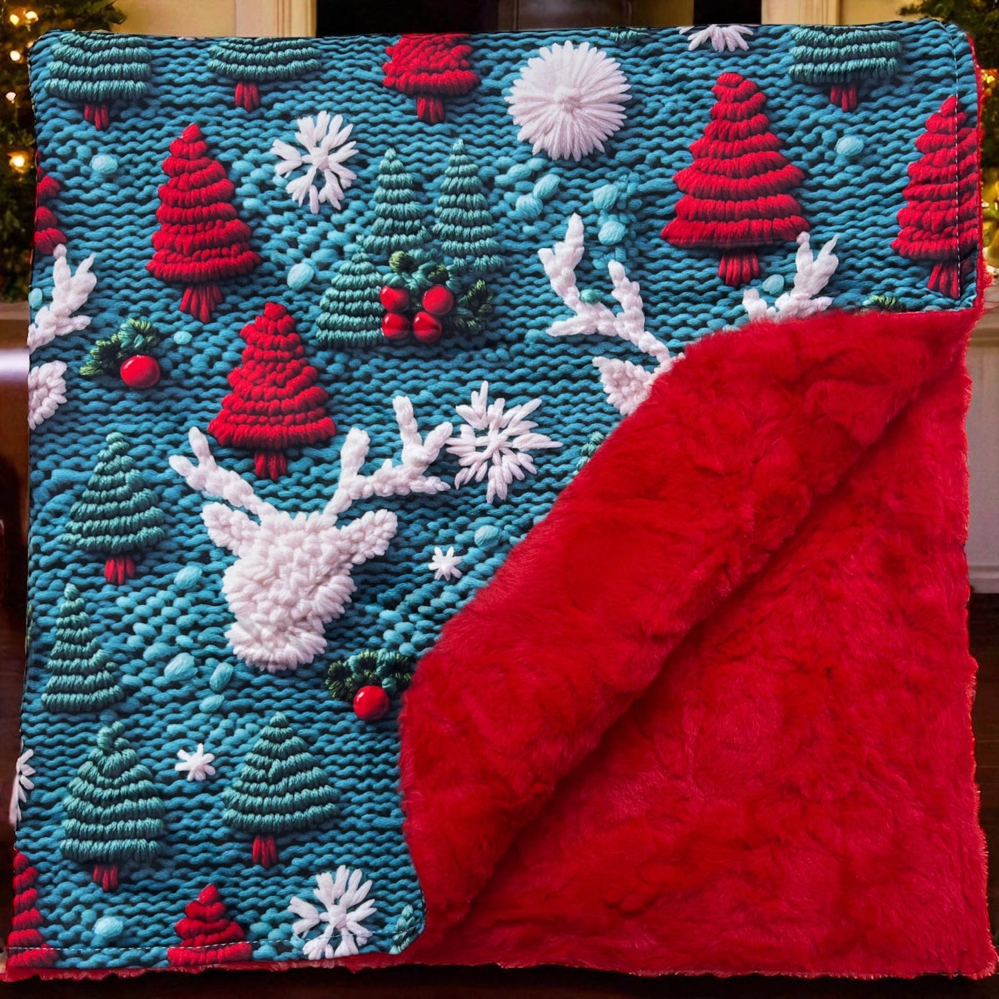 Red nose reindeer on green Christmas baby blanket. (Copy)