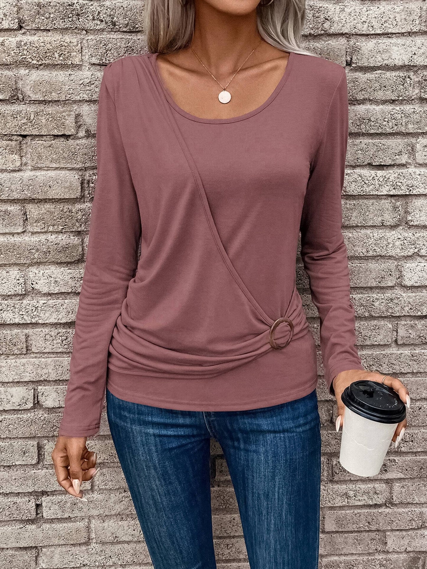 Round Neck Buckle Pleated Waistband Fashion Tops