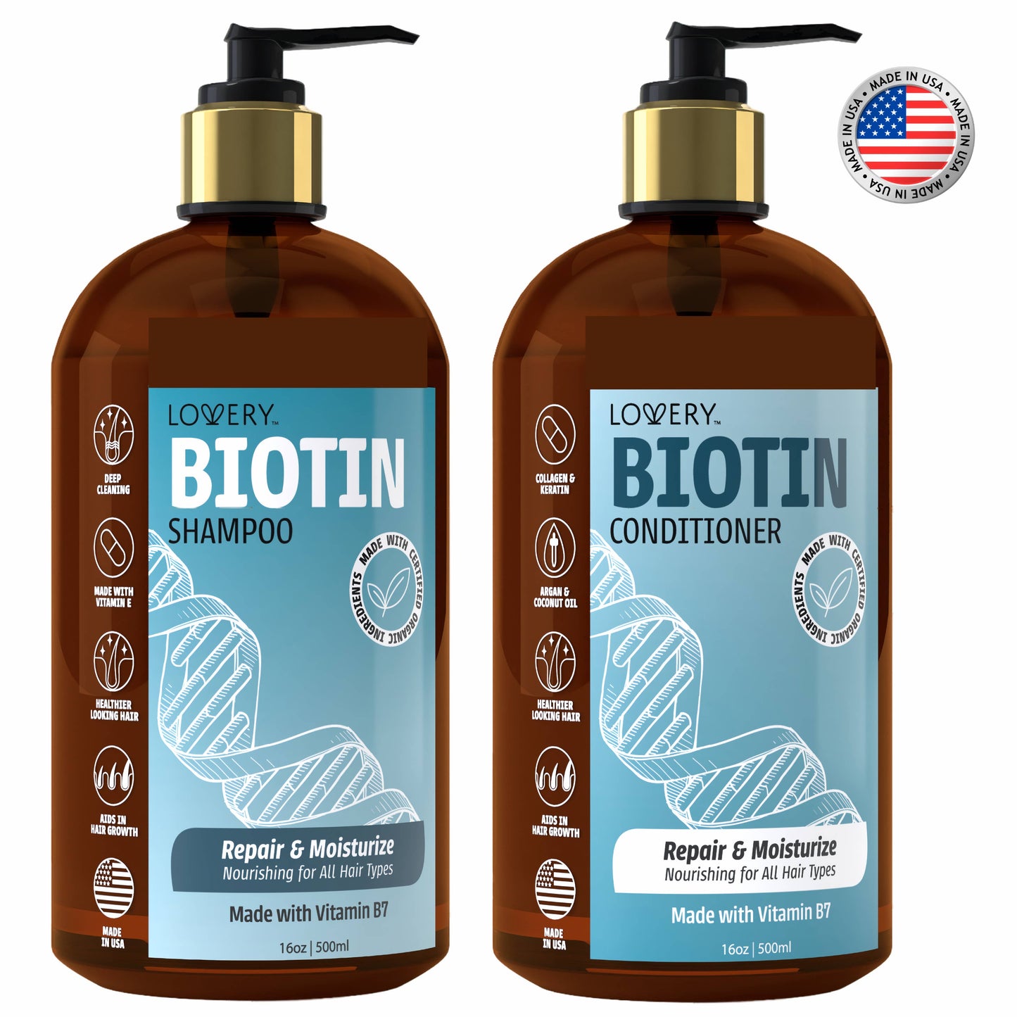 Biotin Shampoo and Conditioner Gift Set, Made in USA, 32 oz.