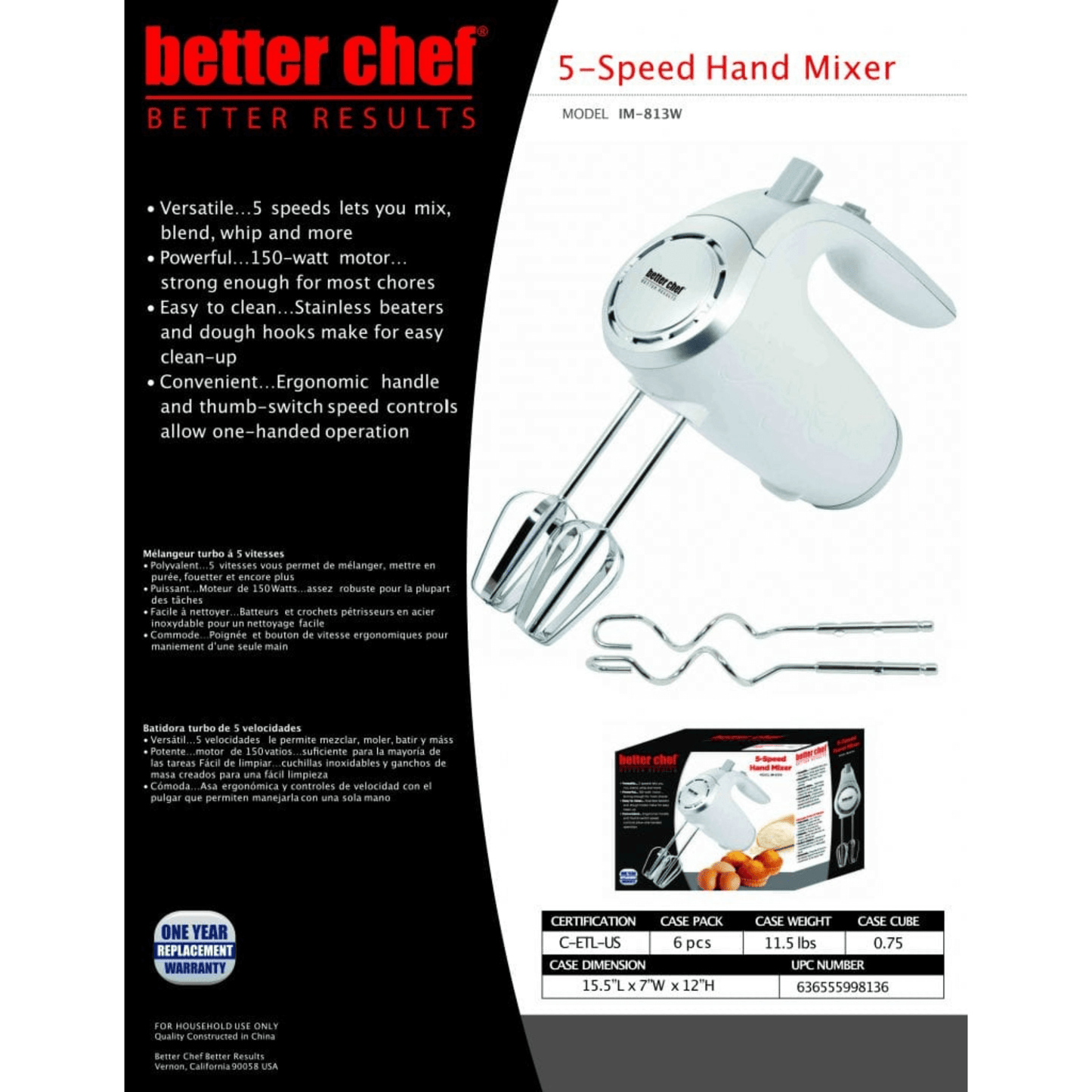 Better Chef 5-Speed 150W Hand Mixer with Storage Clip