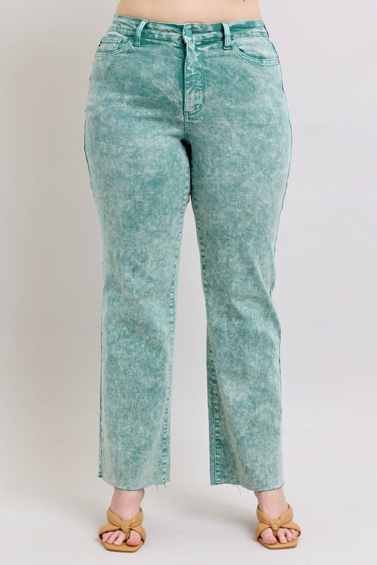 Sea Green High Waisted Raw Hem Dad Jean - PLUS