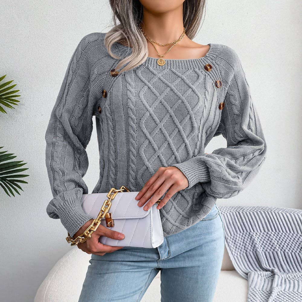 Fall Winter Casual Square Neck Button Detail Cable Knit Swea