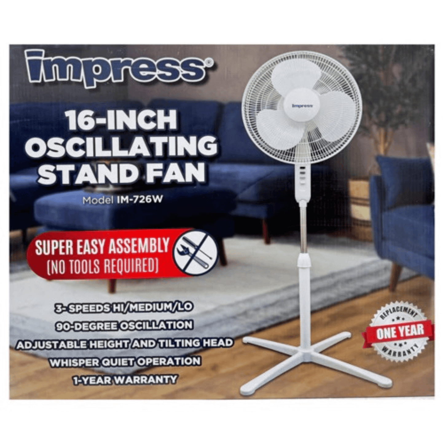 Impress Easy-Assemble 3-Speed 16-Inch Stand Floor Fan